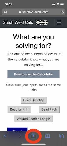 StitchWeldCalc.com web graphic opened website on mobile.